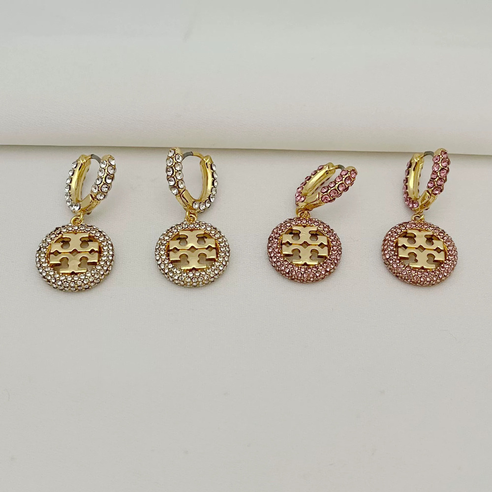 Tory Burch Full Diamond Circle Hollow Letter Metal Earrings